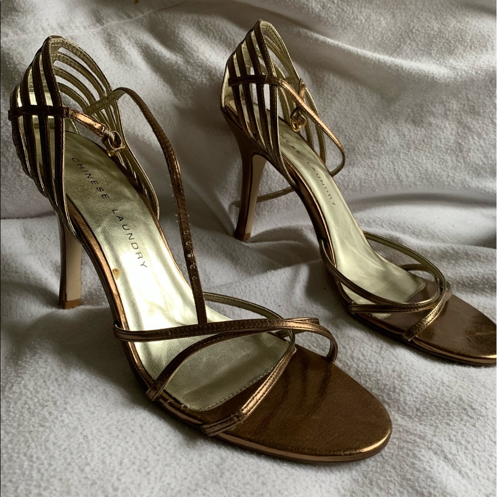 High heeled golden bronze strappy sandals